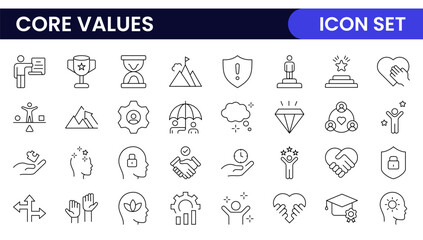 Core Values outline icons set. Core, values, business, leadership, goals, target, client, quality, success, responsibility and quality.