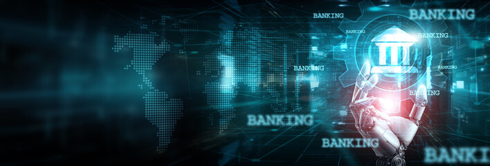 Robot hand holding a futuristic banking idea in technology, innovation, security, and inspiration,...