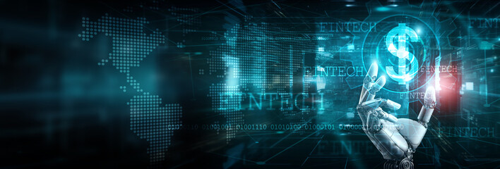 Robot hand holding fintech (financial technology) icon in a futuristic setting, and emphasizing innovation in the financial sector, digital currency, blockchain technology, and global connectivity.
