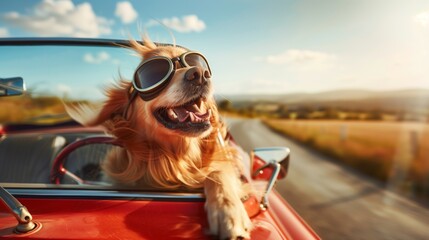 A joyful dog wearing goggles leans out of a red convertible on a sunny day, capturing the essence of fun and adventure.