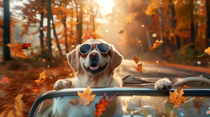 A joyful dog wearing sunglasses enjoys a ride in a convertible amidst falling autumn leaves, capturing the essence of fall adventure and fun.