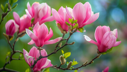 Fototapeta premium A closeup view of pink magnolia blossoms on a branch with soft green foliage