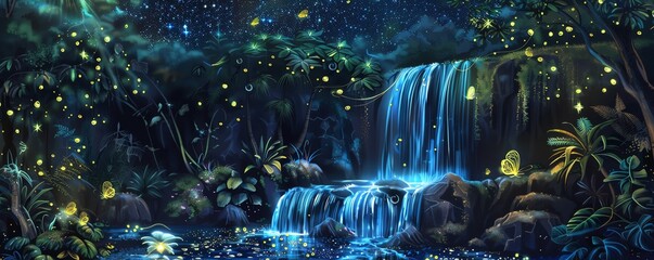 Fototapeta premium Enchanted forest with glowing lights and a cascading waterfall.