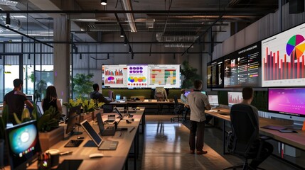 A contemporary office space where a team is analyzing data on large screens, showcasing collaboration, technology, and a dynamic work environment.