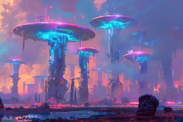 A City of Giant Glowing Mushrooms Under a Pink and Blue Sky