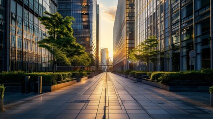 Fototapeta premium A modern urban street flanked by glass buildings and lush greenery, bathed in the warm glow of sunrise, creating a serene cityscape.