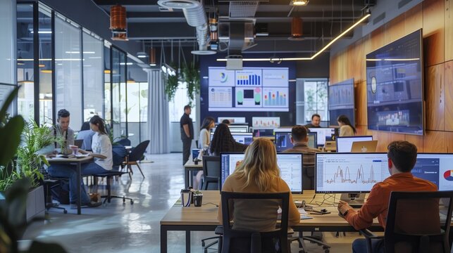 A modern office environment where a team of professionals works on computers, analyzing data and collaborating in a spacious, open-plan setting.
