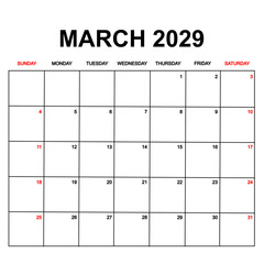 march 2029. Calendar with holydays or red dates. monthly calendar design with week starts on sunday. printable, simple, and clean vector design isolated on white background.