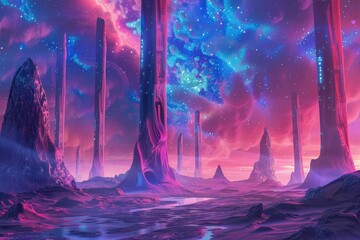 A surreal alien landscape with towering structures bathed in the glow of a vibrant cosmic sky