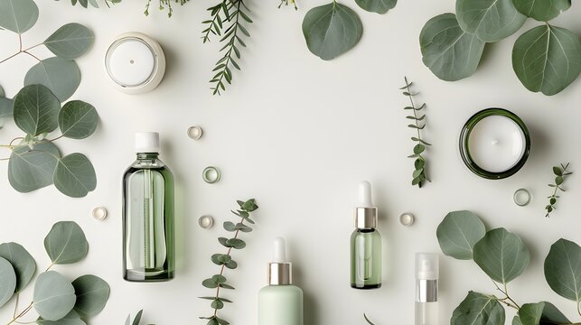 Spa concept with eucalyptus oil and eucalyptus leaf extract natural /organic spa cosmetics products, eco friendly bathroom accessories. Skincare concept on white background. Flat lay composition. 