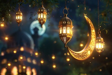 Night arab town with mosque or arabic city with islam church domes, crescent, stars. Eid mubarak card or ramadan kareem poster background, arabesque muslim, morocco or turkish palace at city.