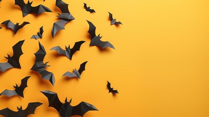Halloween Bats on Black: Spooky Orange Background with Copy Space &mdash; Top View Flat Lay of a Party Banner Template Design.halloween and decoration concept, Party, Halloween, Celebration