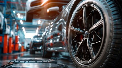 Close-up of sleek car wheels in a high-tech auto repair shop, with vehicles being serviced in the background under bright lighting.