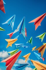 A group of colorful paper airplanes flying high, symbolizing friendship.