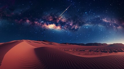 Naklejka premium A breathtaking night sky filled with stars and a shooting star over expansive desert dunes, showcasing the beauty of nature.