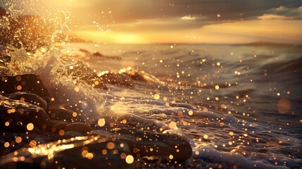 Golden sunlight illuminates waves crashing on a rocky shore, creating sparkling water droplets in a picturesque seascape.