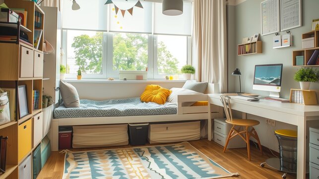 An interior design for a college dorm room
