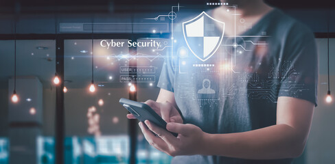 Businessman is showing concept of future technology and internet connection network with AI as controller. A graphic floated in the air on his hand.