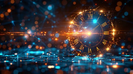 Obraz premium A digitally stylized neon clock displaying a dartboard design amidst a sparkling blue technological backdrop.