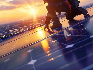 Obraz premium A technician in safety gear works on solar panels during sunset, highlighting renewable energy efforts and sustainable technology.