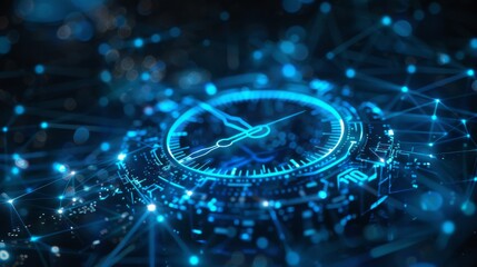 A digitally stylized neon clock displaying a dartboard design amidst a sparkling blue technological backdrop.