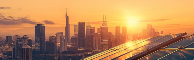 Fototapeta premium Solar panel in front of a city skyline in sunset, symbolizing the shift towards renewable energy concept. 