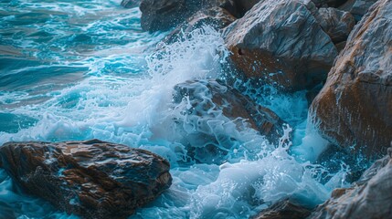 Obraz premium Dynamic waves crash against rugged rocks on a coastal shoreline, creating dramatic splashes and white foam in a powerful seascape.