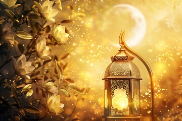  illustration Arabic lantern with burning candle glowing at night Muslim holy month Ramadan.
