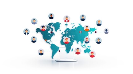 Global Networking Connections, a stylized world map interconnecting diverse individuals, illustrating international collaboration and communication in a digital landscape.
