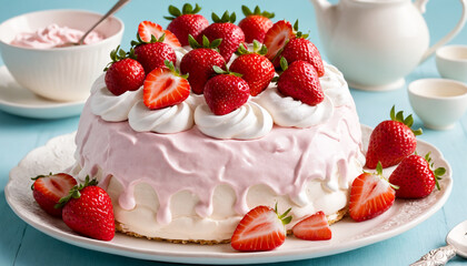 A strawberry cake with whipped cream and drizzled pink glaze.