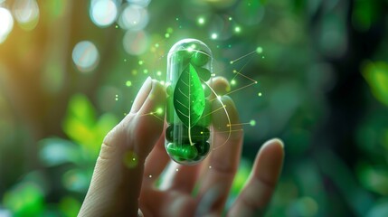 A hand holding a pill with a leaf icon, symbolizing natural ingredient-based pills and medicine, emphasizing organic and herbal health solutions.