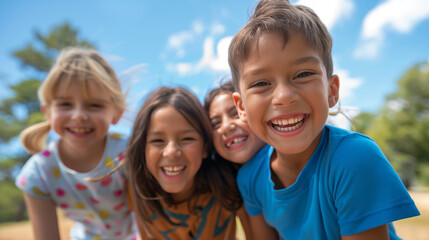 A group of children are smiling and posing for a picture