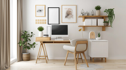 Fototapeta premium A clean and organized office space with a wooden desk and chair