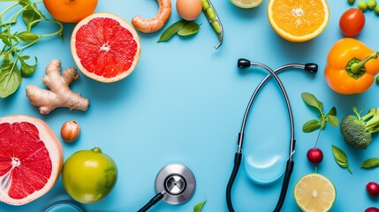 Healthy food and stethoscope on a wooden table, representing natural dietary medicine. Space for text available. Ideal for weight loss and wellness content.