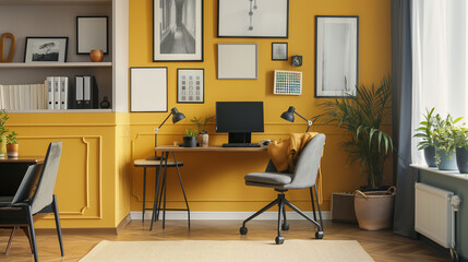 A small office with a yellow wall and a desk with a computer and a chair