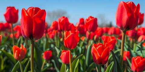 Fototapeta premium A field of bright red tulips under a clear blue sky, symbolizing passion and energy in friendships.
