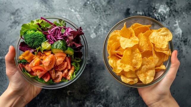 Fresh vegetables arranged alongside junk food items, highlighting the healthy choices over unhealthy options. Perfect for promoting healthy eating habits and nutrition awareness.