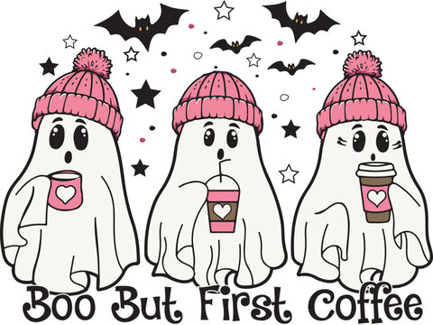 Boo But First Coffee Pink Ghosts Drinking Coffee Cute Halloween T shirt Design