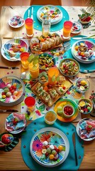 A festive table setting with colorful friendship-themed decorations and a spread of delicious food.