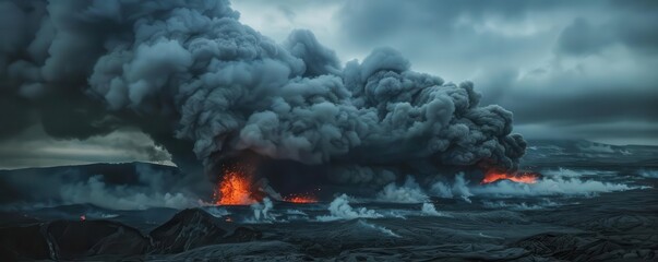 Fototapeta premium Volcanic ash cloud billowing from an active volcano with glowing lava below, volcano and lava, volcanic activity