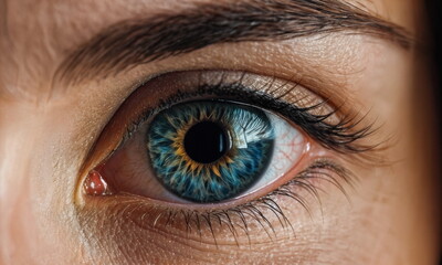 Obraz premium A striking close-up highlights the intricate details and vibrant colors of a human eye illuminated softly by natural light.