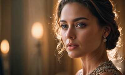 A young woman stands confidently, showcasing her beautiful wavy hair and captivating eyes. She is dressed in elegant attire adorned with decorative stitching, exuding sense poise and grace intimate