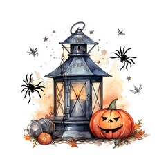 Halloween vintage lantern scary spooky watercolor illustration, halloween clipart