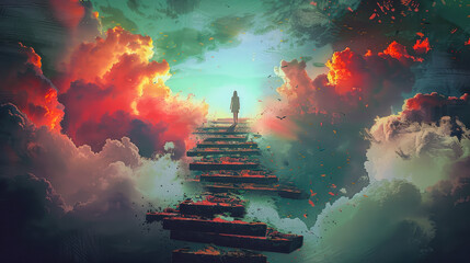 Young woman on broken staircase ascending to sky, surreal digital art, mystical journey, fantasy clouds at sunset, stepping into the unknown, dreamlike adventure, conceptual artwork