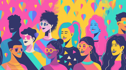 A colorful group of people with a rainbow background
