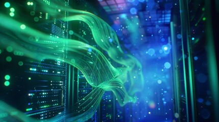 A computer server room with a green, glowing, long stream of data