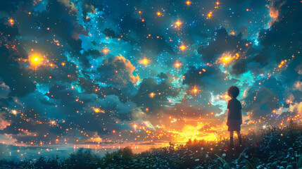 Fototapeta premium Young Boy Standing Among Glowing Planets Holding Star in Night Sky Digital Illustration, Dreamy Fantasy Scene with Child and Celestial Elements, Nighttime Marvel, Inspirational Cosmic Art