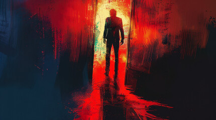 Mysterious Man Standing in Doorway with Red and Blue Lighting, Dramatic Murder Concept Illustration Painting Depicting Night Scene, Suspenseful Atmosphere, Thriller Art for Crime Story Mood