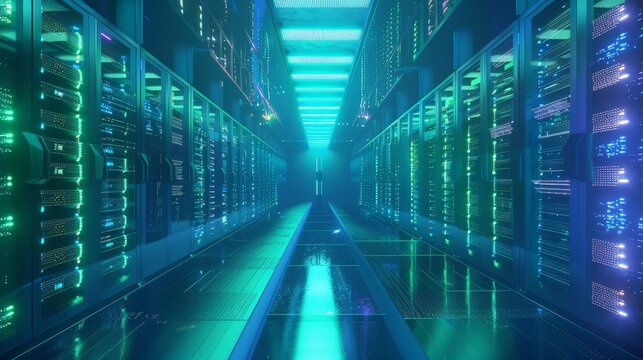 A computer room with many green lights and a blue ceiling