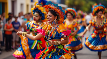 A group of women in colorful costumes are dancing on a street